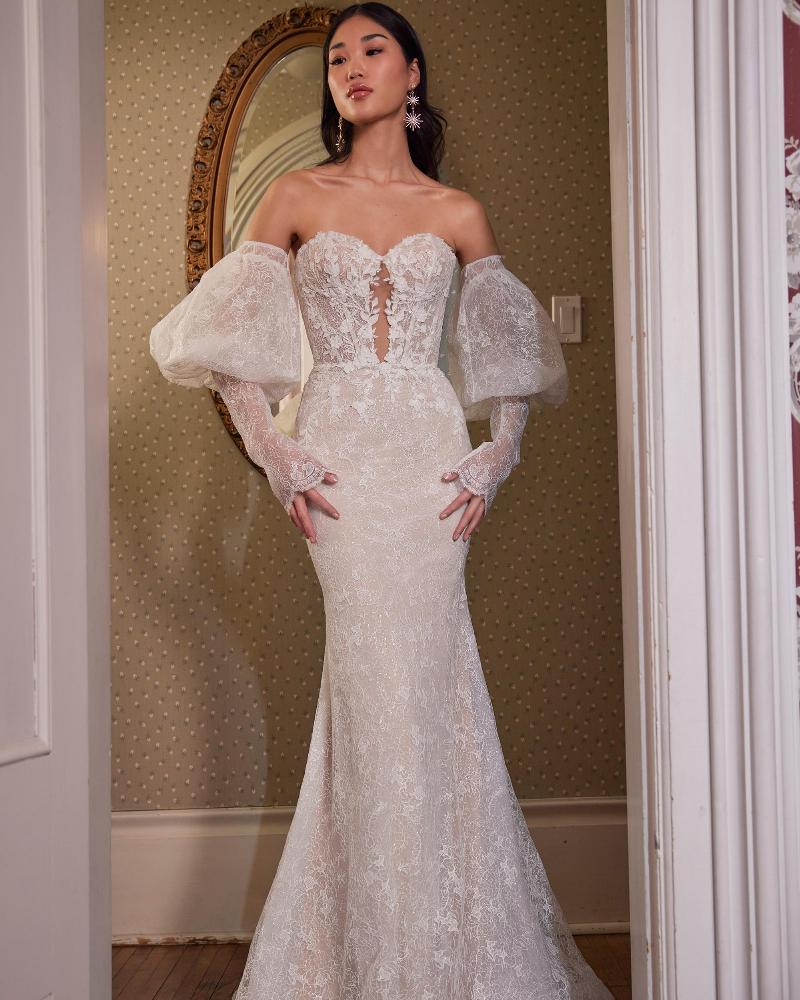 La23249 strapless lace wedding dress with long sleeves and sheath silhouette3